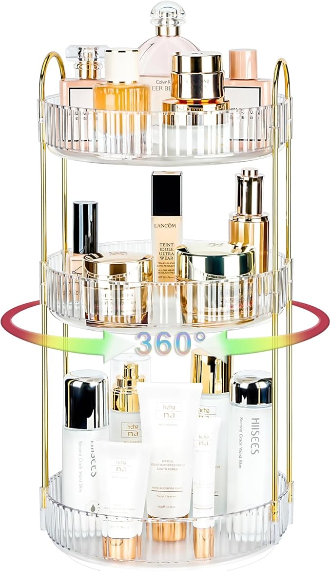 Niluks 360 Rotating Makeup Organizer, 3 Tier Large Capacity Lazy Susan Bathroom Counter Organizer, Skincare Organizers, Spinning Perfume Organizer & Vanity Organizer Countertop (Golden Clear, 3 Tier)