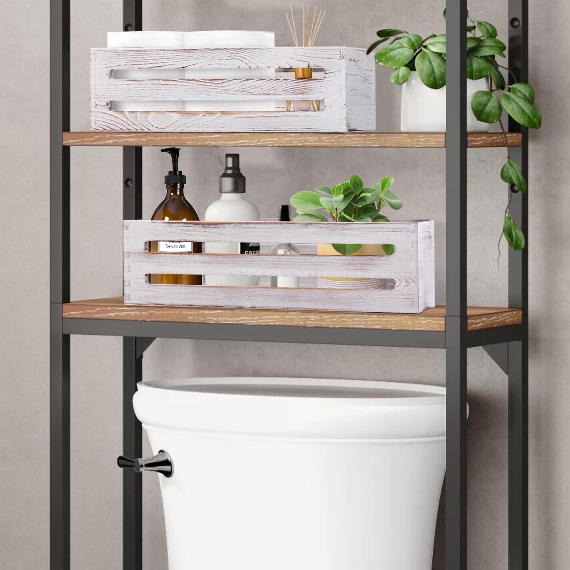 LotFancy Bathroom Decor Box, 2 Pack Wooden Toilet Paper Holder, White Toilet Storage Basket for Back of Toilet, Farmhouse Toilet Tank Topper