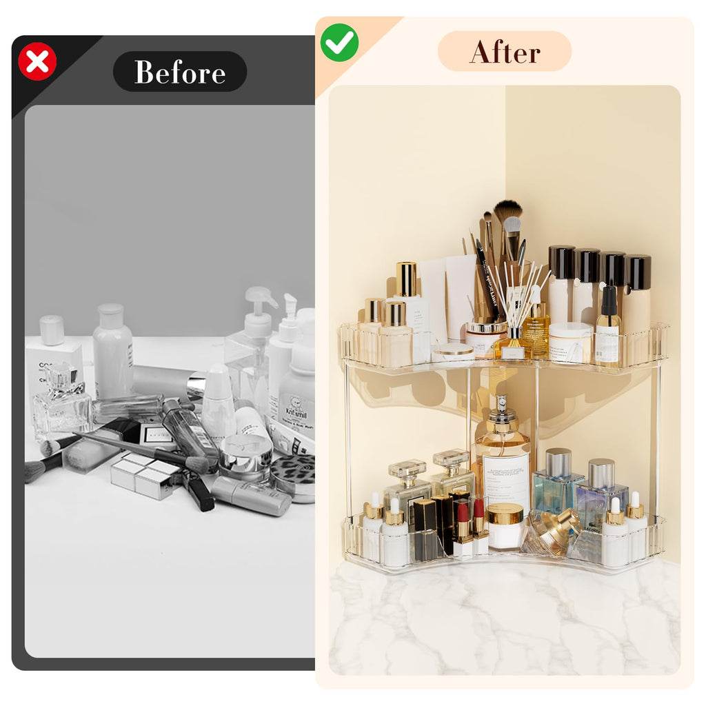 2-Tier Corner Bathroom Counter Organizer, Large Makeup Organizer For Vanity, Skincare Perfume Organizers For Women Or Men, Exquisite Corner Shelf For Bathrooms, Kitchens, Or Bedroom, (Clear, 2 Tier)