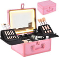 GALHUBIS Makeup Case with Lighted Mirror, Makeup Box Organizer with Detachable LED Mirror, Travel Makeup Train Case, Waterproof Cosmetic Organizer, Standing Brush Holder, Gift, Pink