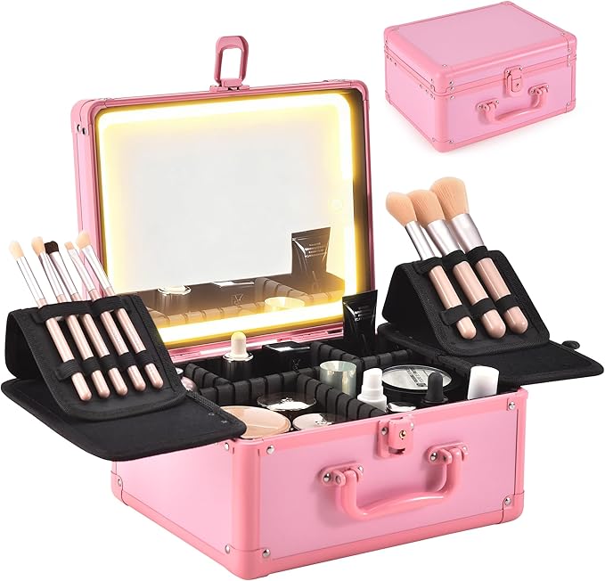 GALHUBIS Makeup Case with Lighted Mirror, Makeup Box Organizer with Detachable LED Mirror, Travel Makeup Train Case, Waterproof Cosmetic Organizer, Standing Brush Holder, Gift, Pink