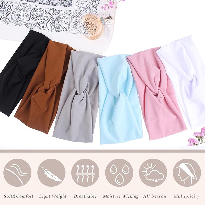 XTREND 6 Pcs Women's Headbands Twisted Cross Elastic Head bands Yoga Workout Headband Non-Slip Sweat Soft Headbands Solid Color Simple Versatile Hair Accessory Hairbands