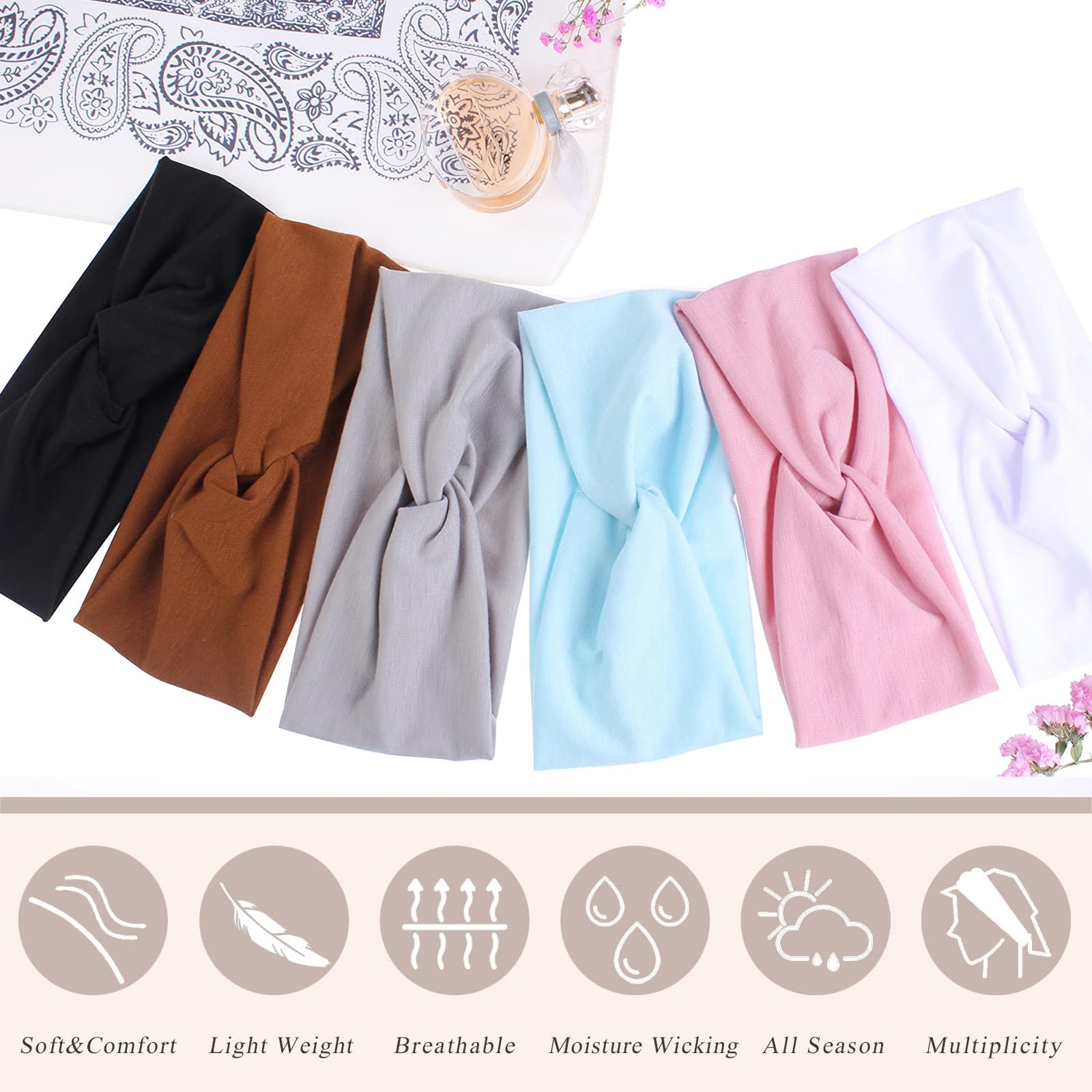 XTREND 6 Pcs Women's Headbands Twisted Cross Elastic Head bands Yoga Workout Headband Non-Slip Sweat Soft Headbands Solid Color Simple Versatile Hair Accessory Hairbands