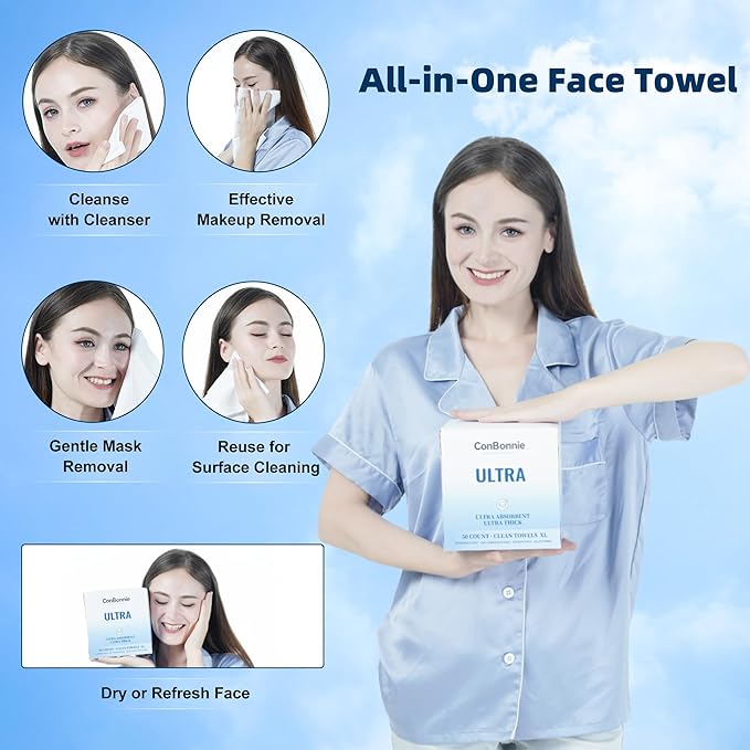 Conbonnie Clean Face Towels XL, 10"×12" Biobased Facial Towels, Disposable Face Towelette, Makeup Remover Dry Wipes, Extra Thick and Soft for Skin Care, Clean Skin, 50 Count (1 Pack)
