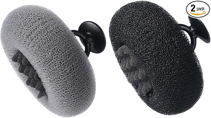 2Pcs Bath Sponge Shower Loofah, Exfoliating Body Scrubber, Upgrade Large 2-in-1 Sunflower Bath Ball with Suction Cup Non-Slip Handle, Bath Sponges for Men Women(Grey&Black)