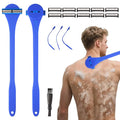Back& Body Shaver for Men,Back Hair Trimmer for Men with Long Bendable Ergonomic Silicone Handle,10 of The Wet or Dry Disposable Razor Blades,Bath Brush Included(Blue)