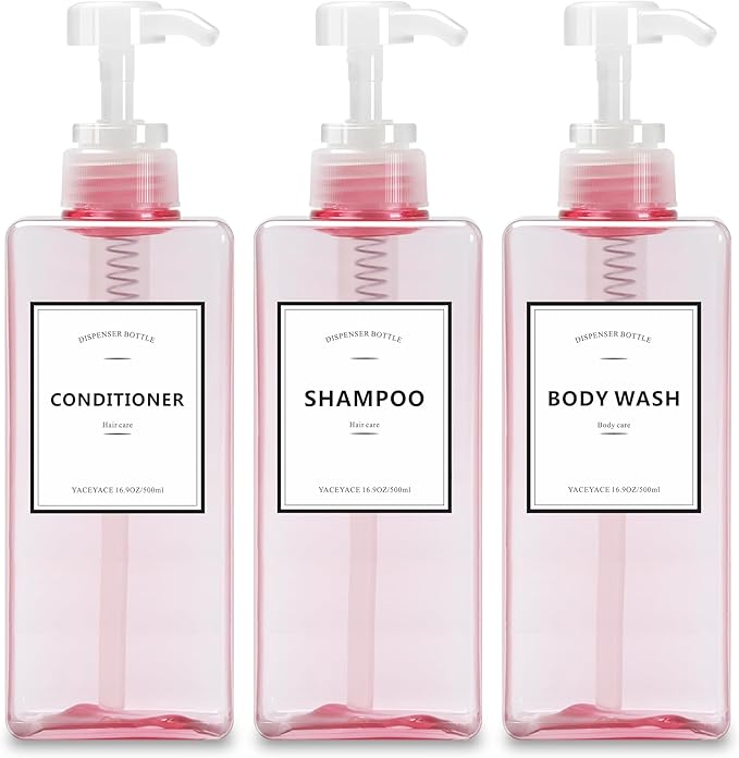 YACEYACE Pink Shampoo and Conditioner Set of 3, 16.9oz Clear Shampoo Bottles with Pump Dispenser, Body Wash Dispenser, Shower Bottles