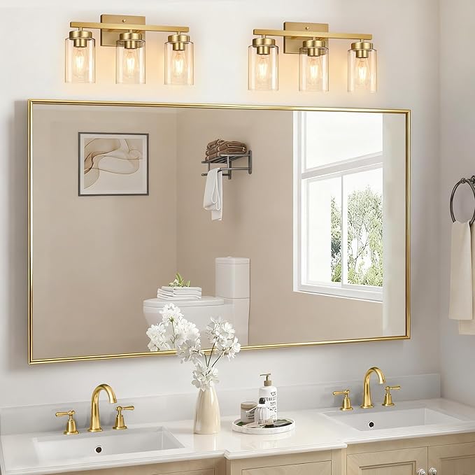 IZORRO Modern Bathroom Light Fixtures, 3 Light Brushed Gold Vanity Lights, Bathroom Lighting Fixtures Over Mirror with Clear Glass for Living Room Cabinet Bedroom
