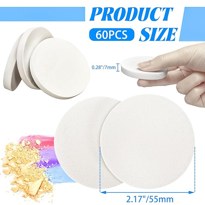 MotBach 60 PCS White Round Makeup Sponge, Cosmetic Sponge Round Foam Pad Eye Facial Powder Puff, Beauty Makeup Foundation Powder Blender for Women Lady All Skin Types Wet and Dry Dual Use