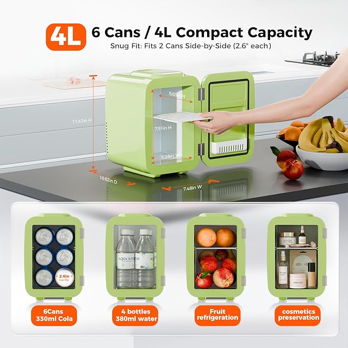 YASHE Mini Fridge, 4 Liter/6 Can Mini Makeup Fridge, 110V AC/ 12V DC Portable Thermoelectric Cooler&Warmer for Skincare, Drink, Cosmetic, Medicine, Small fridge for Bedroom, Office, Dorm, Car, Green