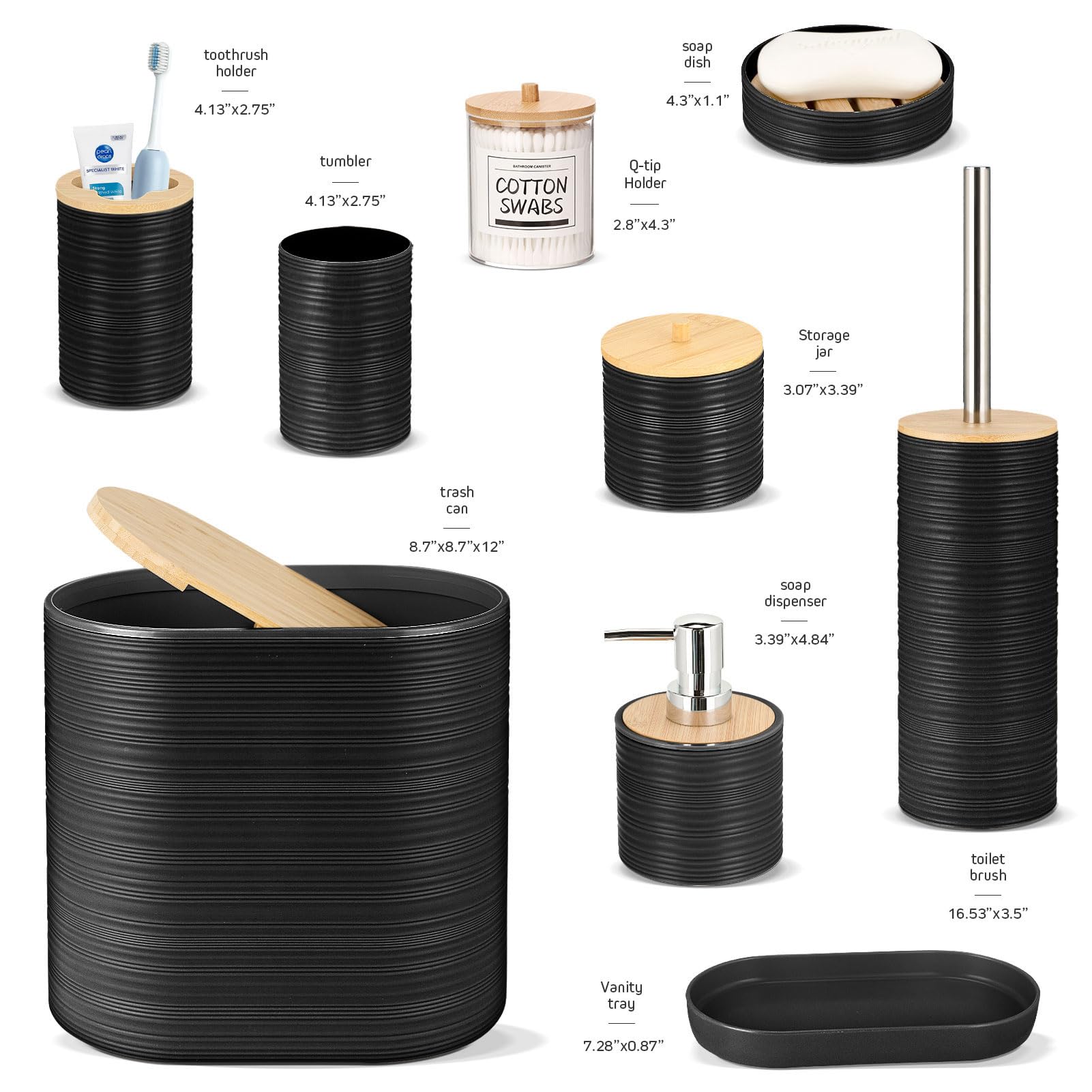 IMAVO Bathroom Accessory Set-11Pcs Black Bathroom Accessories Set with Trash Can,Soap Dispenser,Soap Dish,Toothbrush Holder,Toothbrush Cup,Toilet Brush Holder,Qtip Holder Dispenser with Labels