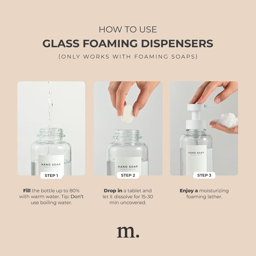 MaisoNovo Glass Foaming Soap Dispenser 14 Oz | Glass Bottles Pumps x 2 Clear with Tray