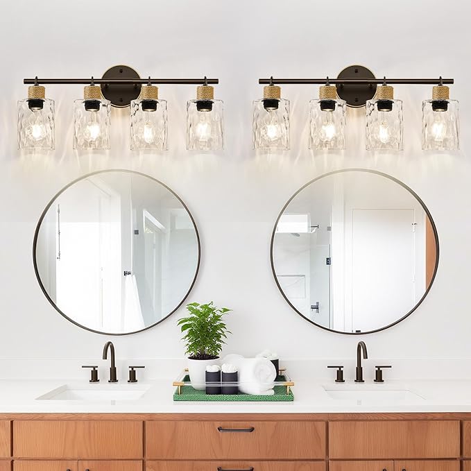 Bathroom Light Fixtures, 4-Light Coastal Vanity Lights with Crystal Glass Shade, Oil-Rubbed Bronze Bathroom Wall Lamp for Mirror Kitchen Hallway Cabinet