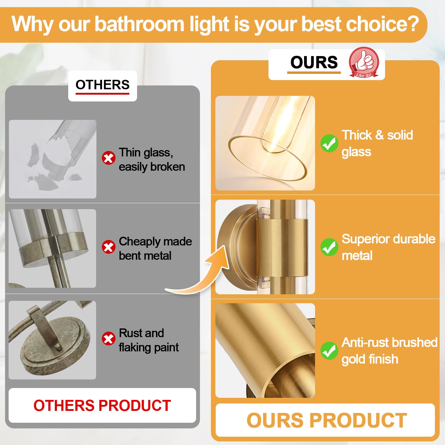 Meybiok Wall Sconces Set of Two, Brushed Gold Bathroom Sconces Wall Lighting with Clear Glass, Hardwired Modern Sconces Wall Decor Set of 2 for Bathroom Mirror Bedroom Living Room Hallway