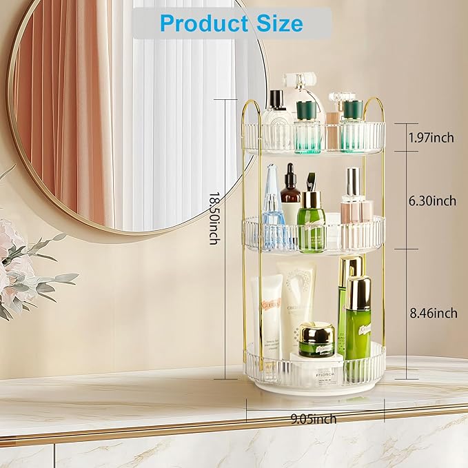 Niluks 360 Rotating Makeup Organizer, 3 Tier Large Capacity Lazy Susan Bathroom Counter Organizer, Skincare Organizers, Spinning Perfume Organizer & Vanity Organizer Countertop (Golden Clear, 3 Tier)