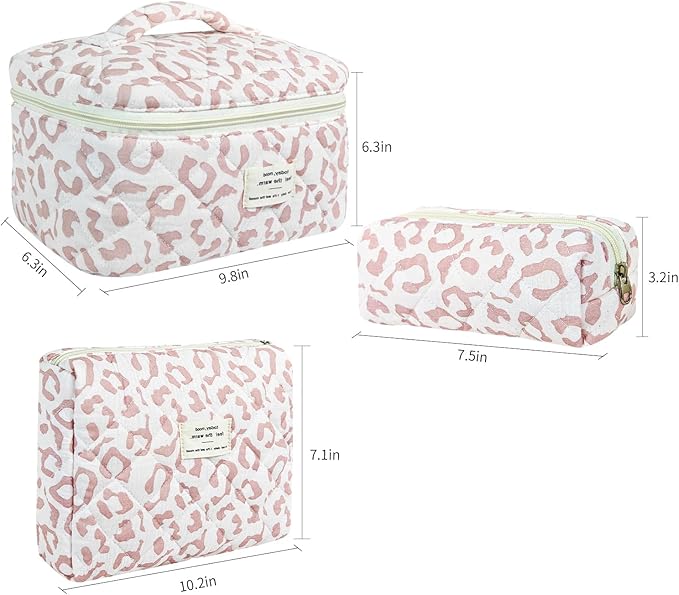 GISMTR 3Pcs Makeup Bag Cotton Quilted Travel Cosmetic Bag Cute Floral Makeup Pouch Large Toiletry Bag for Women Girls