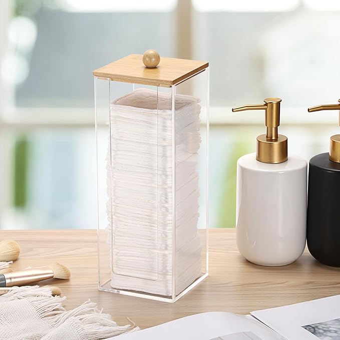 GUSHBIN Acrylic Clean Pad Storage Box Vertical Cotton Pads Holder Square Makeup Pad Dispenser with Lid Clear Bathroom Countertop Vanity Organizer