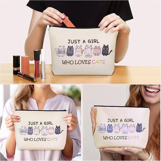 Girlly Cat Mom Makeup Bag For Women & Teen Girl Cat Lover Gifts: Cosmetic Bag & Toiletry Pouch Just A Girl Who Love Cats Themd For Mom, Daughters, Friends.Ideal Gifts For Travel, Birthdays.