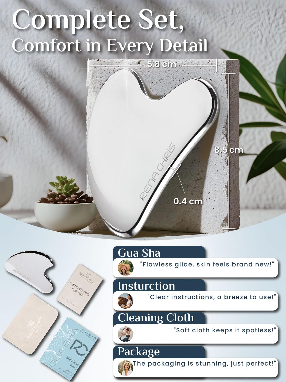 Rena Chris Gua Sha Facial Tools, Stainless Steel Guasha Tool - Silver