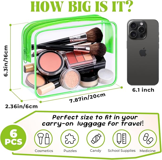 CHICAUP 6 Pieces Clear Makeup Bags Bulk TSA Approved Toiletry Bag for Travel PVC Waterproof Clear Cosmetic Pouch with Zipper for Men and Women Carry-on Travel Essentials (Green)
