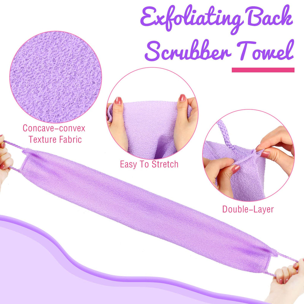Exfoliating Back Scrubber with Handles for Shower for Women Exfoliating Back Cloth Body Extended Length Scrubber Towel Nylon Stretchable Pull Strap Wash Cloth for Bath Body 2 Pack