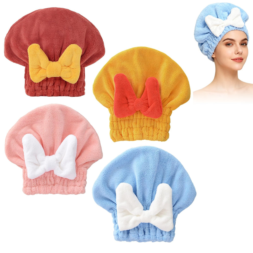 4Pcs Super Absorbent Hair Towel Wrap for Wet Hair, Microfiber Hair Towel Wrap Quick-Drying Thickened Hair Towels, Soft Bow Tie Wet Hair Towels Wrap for Women Girls (Pink+Blue+Yellow+Red)