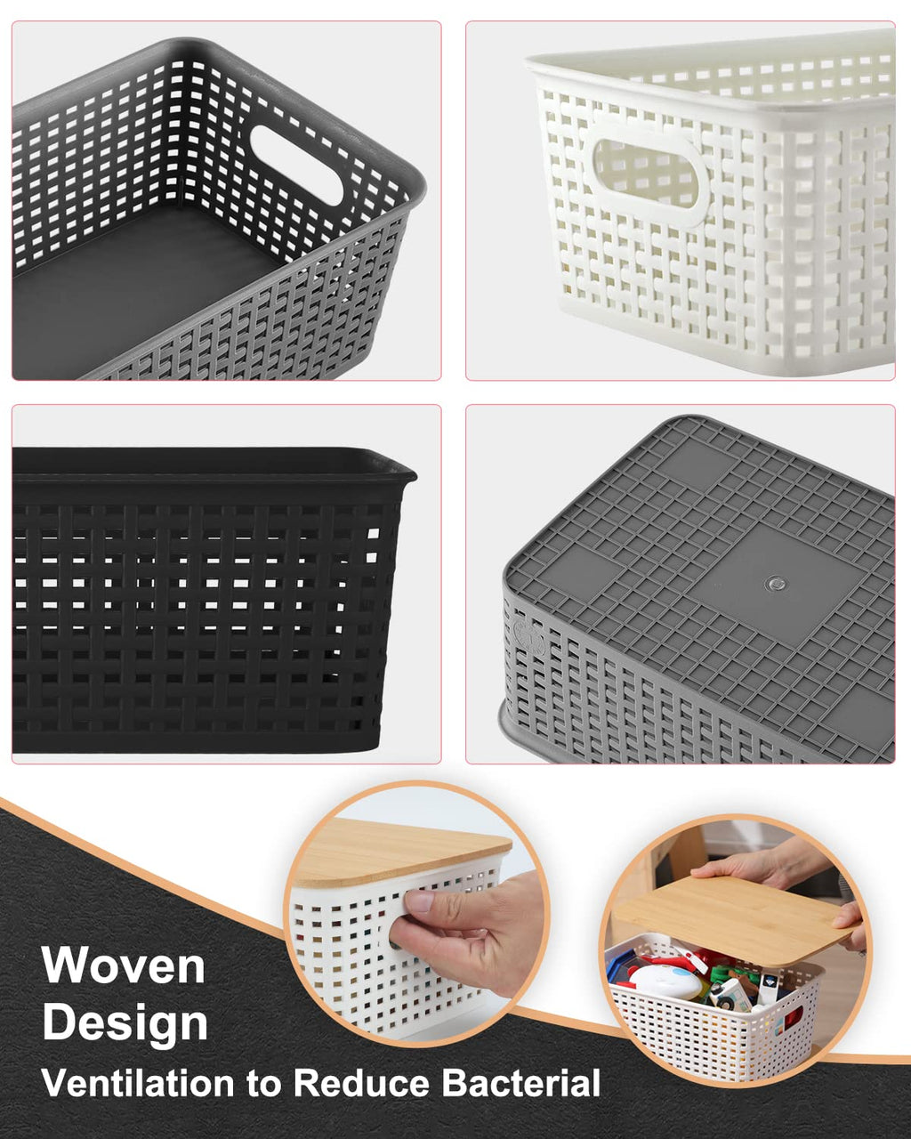 AREYZIN Storage Bins with Bamboo Lids Set of 6 Lidded Storage Container Plastic Baskets Organizer Bins for Organizing Kithen Room Bedroom Office Closet, Sturdy(Black)