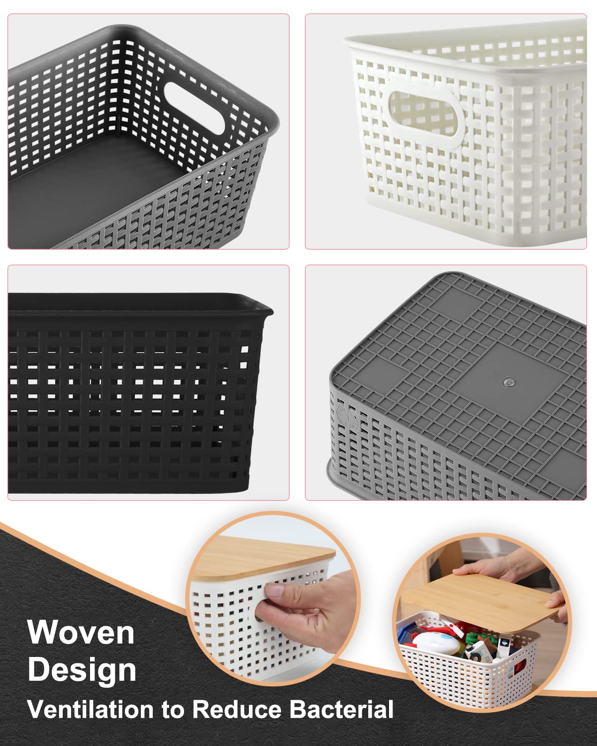 AREYZIN Storage Bins with Bamboo Lids Set of 6 Lidded Storage Container Plastic Baskets Organizer Bins for Organizing Kithen Room Bedroom Office Closet, Sturdy(Black)