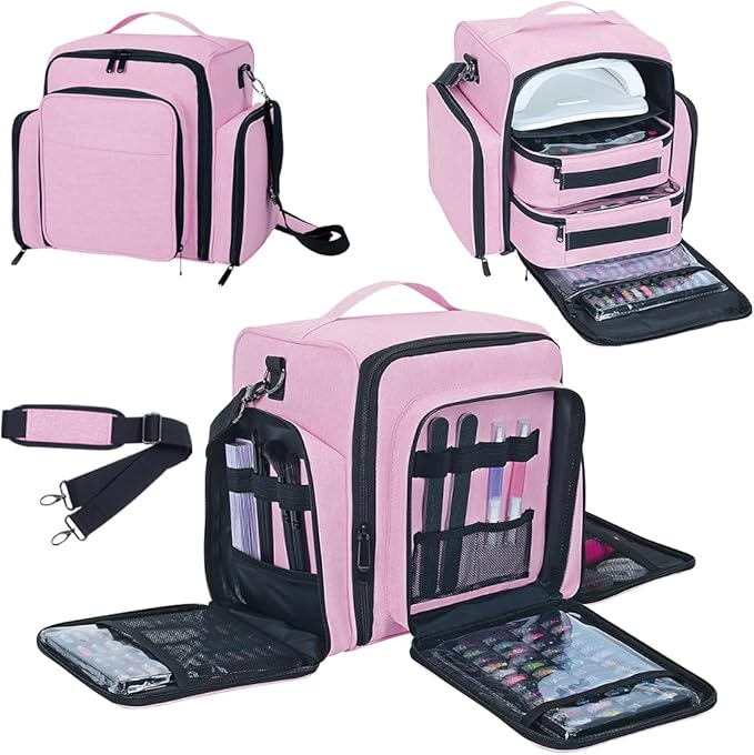 YAHOURWAT Nail Polish Organizer Holds 60 Bottles and a Nail Lamp,Portable Travel Case with 2 Removable Bags and Tools Storage Pockets Pink