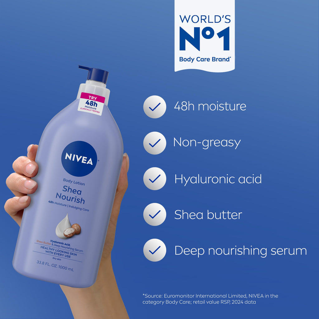 NIVEA Shea Nourish Body Lotion, Shea Butter & Hyaluronic Acid, 33.8 Fl Oz