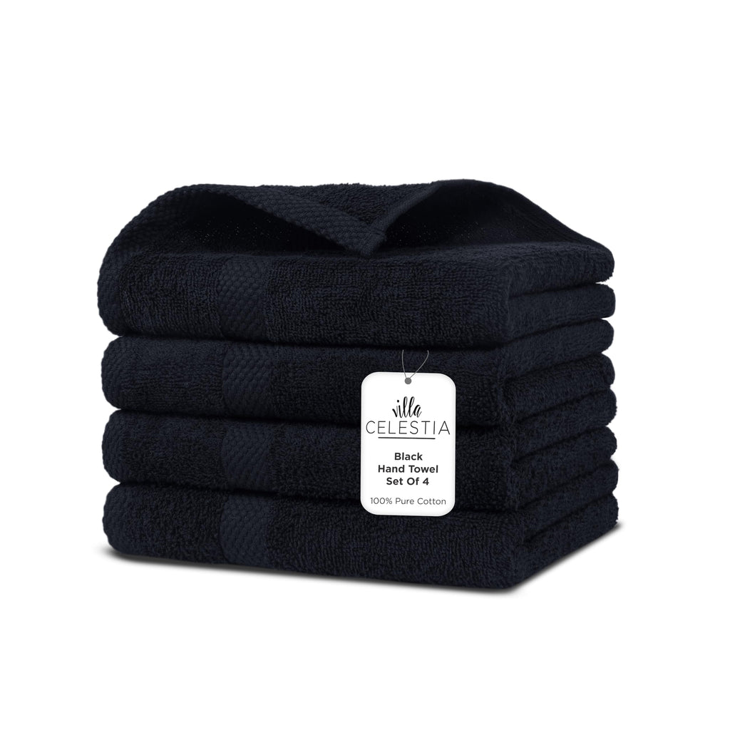 Villa Celestia Cotton Hand Towels Set of 4, 16 x 28, Oeko-TEX Certified, Quick Dry, Black