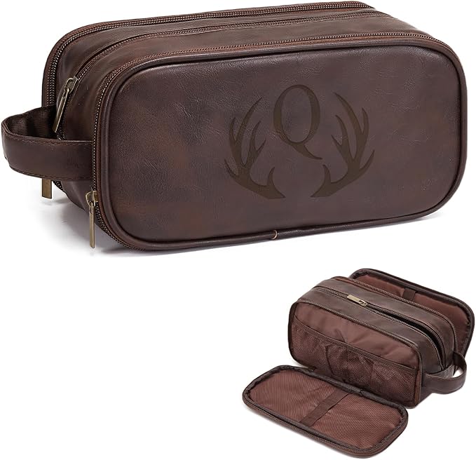 Janhavi Travel Essentials Toiletries Men, Personalized Initials & Wheat, Waterproof Make Up Bag, Men's Accessories Storage, Mens Travel Bag Toiletry, Birthday Gift Box Men(Medium, Dark Brown, Q)