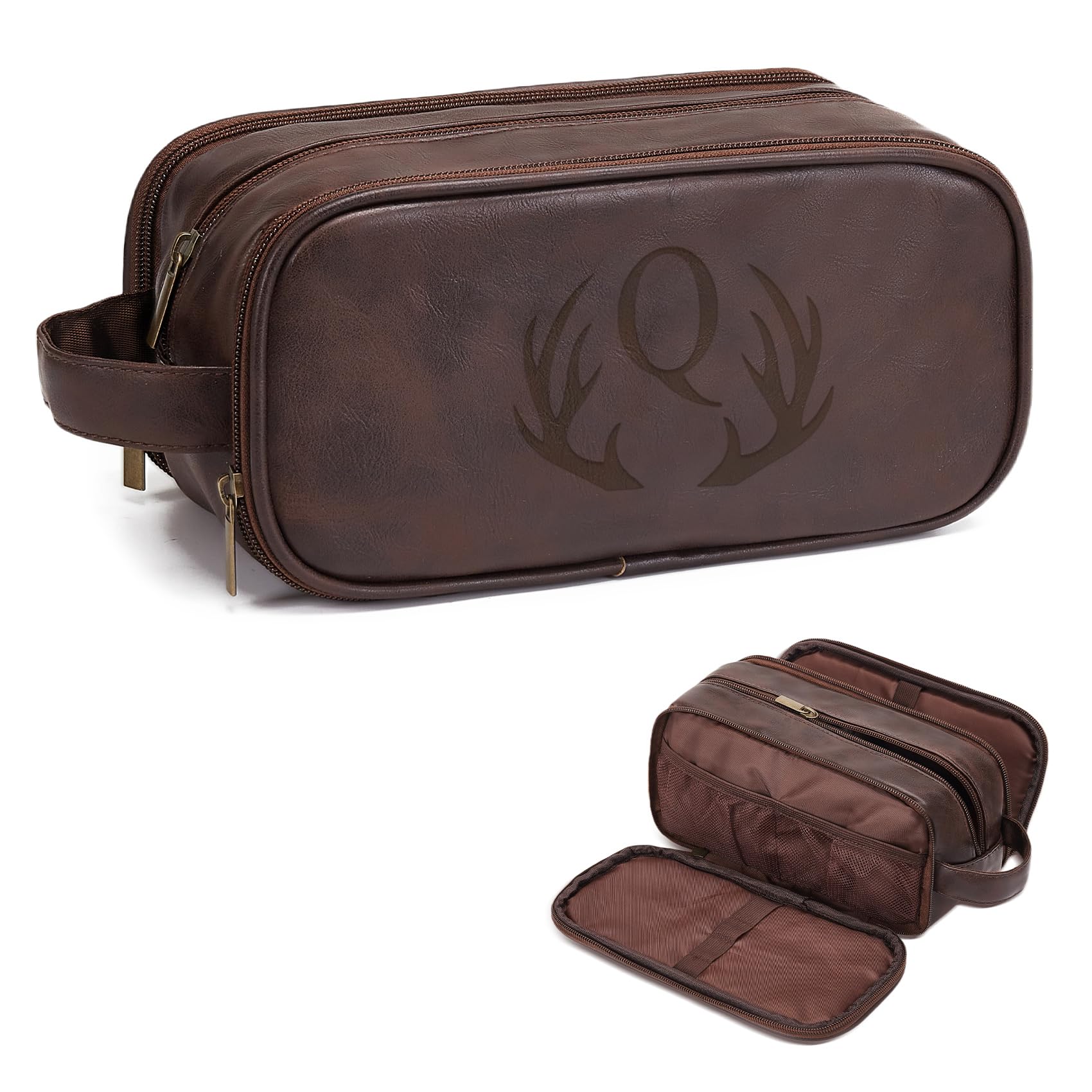 Travel Toiletry Bag For Mens PU Leather Engraved Initials (Dark Brown Q)