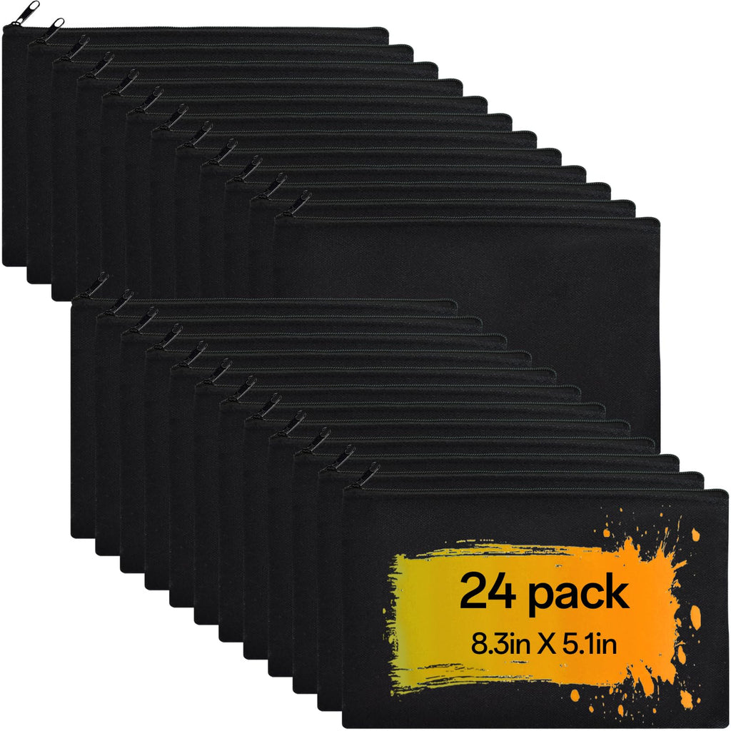 ZeeDix 24 Packs Black Canvas Pouch- Multi-purpose Cosmetic Bag with Zipper, Blank DIY Craft Canvas Zipper Pouch bulk, Travel Toiletry Bag, Daily Use Storage Bag (8.3 x 5 inches)