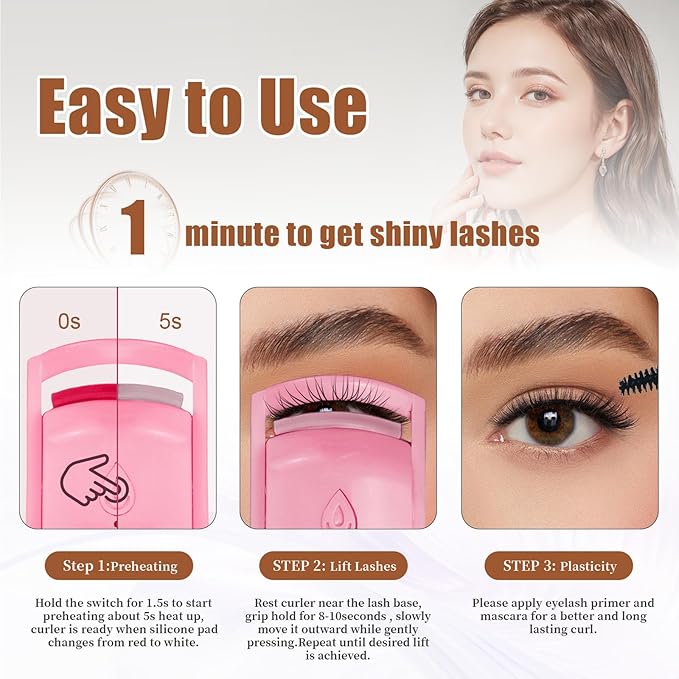 Heated Eyelash Curler Fast Heat Up in 5s - C-Shaped Rechargeable Electric Eyelash Curler for 24H Long Lasting Curls - Safe Anti-Burn Lash Curler Elevate Your Beauty with Stunning Lashes