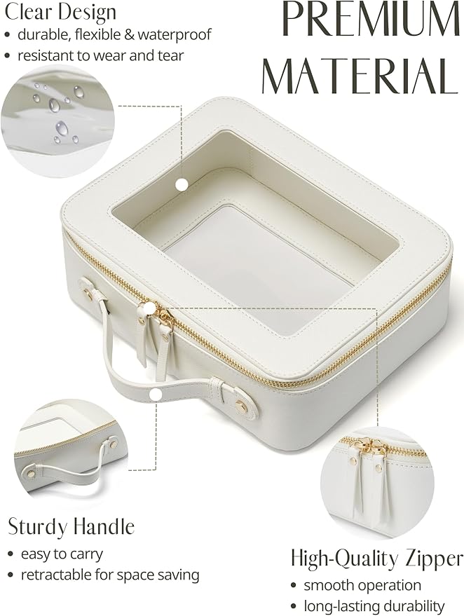 Popvibe Clear Makeup Case Set White Toiletry Bag Travel Large Clear Cosmetic Bag with Zipper, Big Make Up Bag Organizer Women Traveling TSA Approved Transparent Bag Car for Essentials