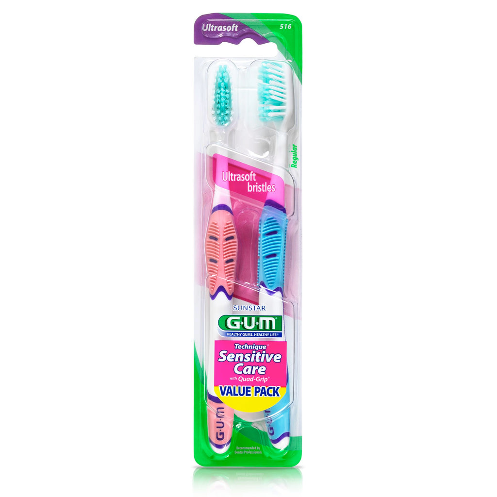GUM Technique Sensitive Care Toothbrush with Quad-Grip Handle, Full Head & Ultra Soft Dome Trim Bristles for Plaque Removal that’s Gentle on Gums, 2 Count