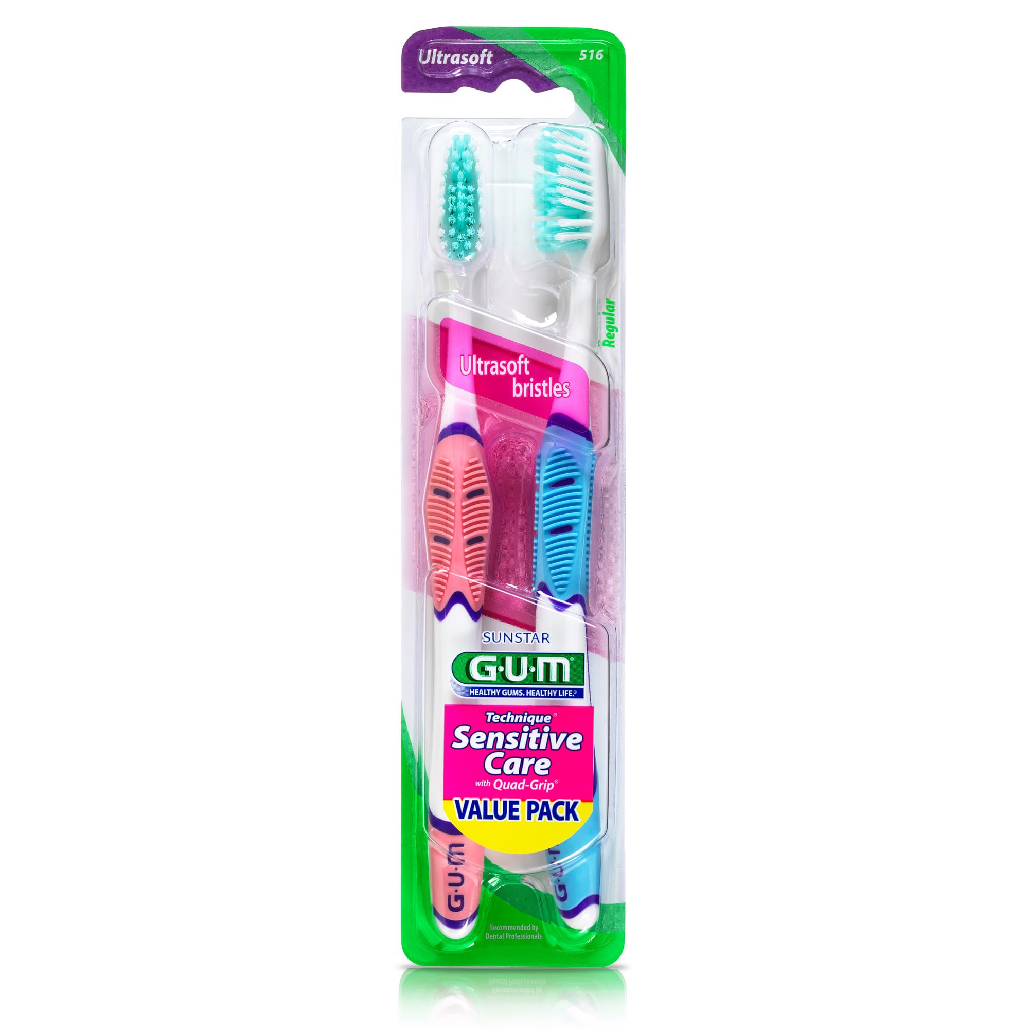 GUM Technique Sensitive Care Toothbrush with Quad-Grip Handle, Full Head & Ultra Soft Dome Trim Bristles for Plaque Removal that’s Gentle on Gums, 2 Count