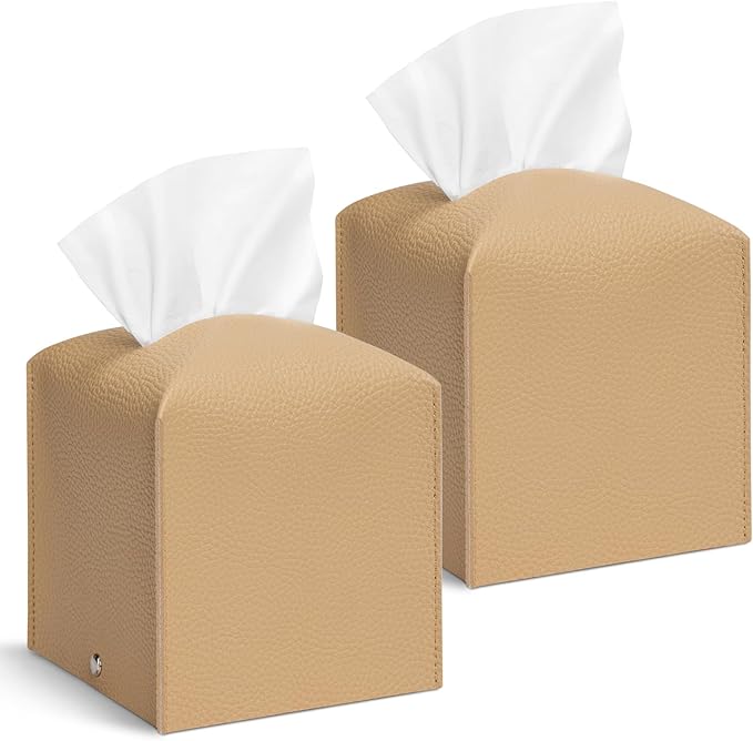 Aisoso 2 Pcs Square Cream Tissue Box Cover PU Leather Decorative Tissue Organizer Dispenser Holder for Bathroom, Desk, Home, Car, Office, 5.12" X 5.12" X 5.12"