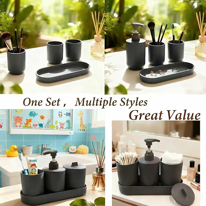 LGURT 4-Piece Dark Gray Plastic Bathroom Accessory Set, Lotion Soap Dispenser, Tumbler, Cotton Swab Cup & Vanity Tray (7.87" × 2.56") – Modern Home Decor for Apartment, Dorm & Guest Bath