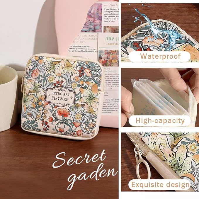OULIGET Sanitary Napkin Storage Bags,Portable Menstrual Cup Nursing Pad Tampon Storage Pouch,Leather Oil Painting Flower Travel Makeup Bags Coin Purse Sundries Pouch with Zipper