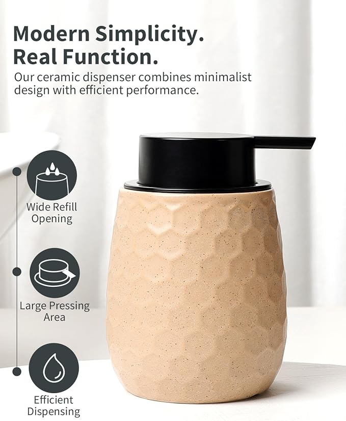 Foaming Soap Dispenser, 12OZ Ceramic Foam Hand Soap Dispenser with Honeycomb Design for Kitchen or Bathroom, Khaki Refillable Dish Lotion Dispenser, ANTIS'S HOME