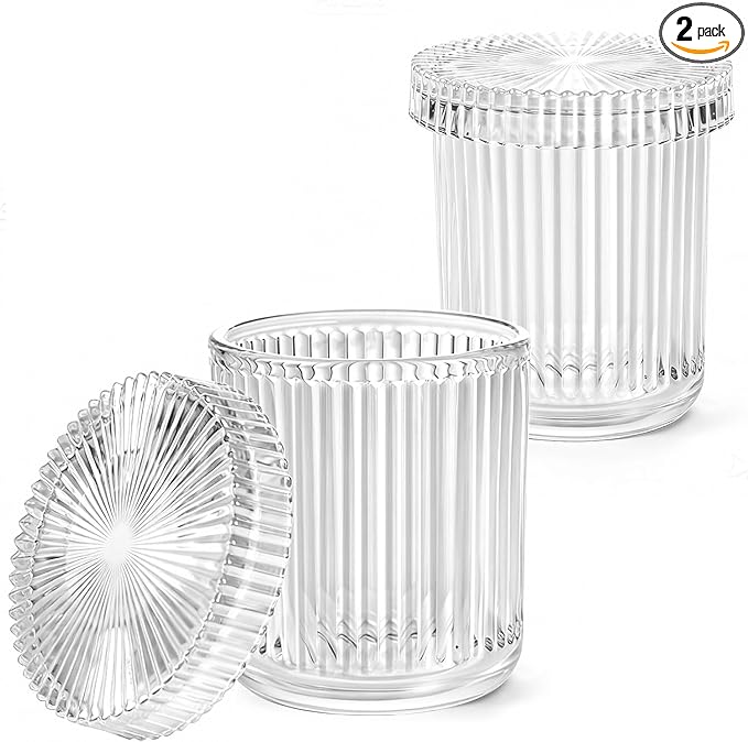 SheeChung Glass Qtip Holder Dispenser Set, 2-Pack Glass Apothecary Jars - Vintage Bathroom Vanity Organizer for Cotton Swabs, Balls, Pads, Floss Picks - Bathroom Accessories Decor