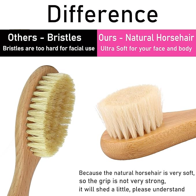 Facial Cleansing Brush, Natural Horsehair Exfoliator Face & Body Brush Wooden Handle, Dry Soft Brush for Smooth Radiant Skin, Lymphatic Drainage, Unclogging Pores, Reduce Swelling, Removing Blackhead