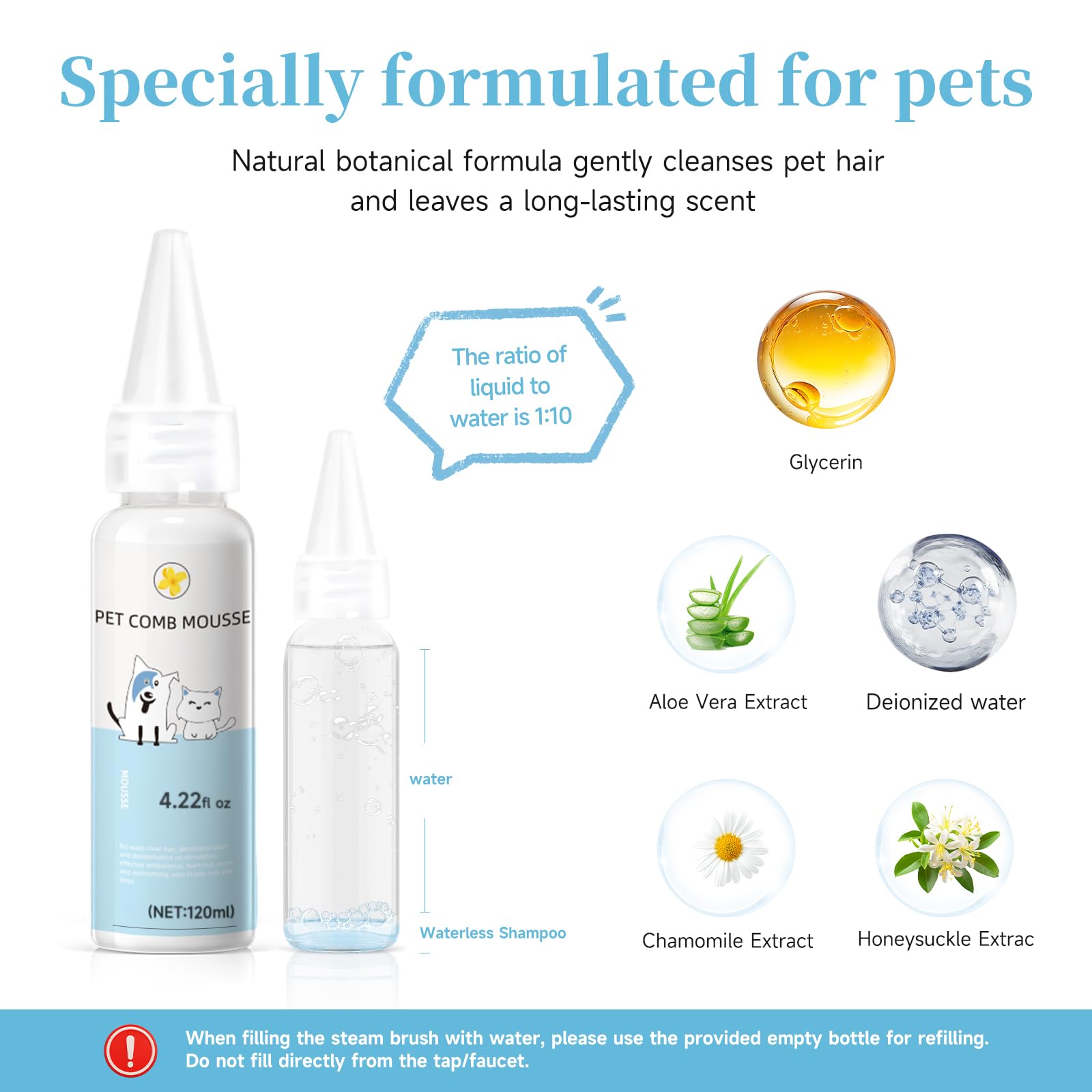 Pet Steam Brush for Dog & Cat Includes Waterless 2*Shampoo