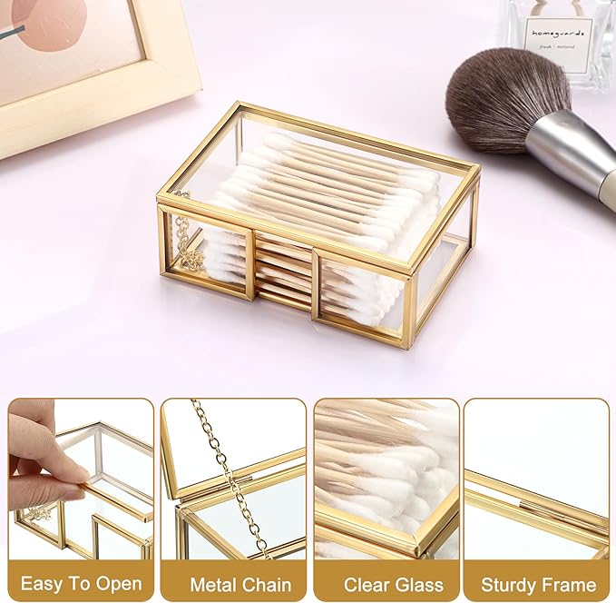 Cotton Swab Holder Small Qtip Dispenser Glass Bathroom Accessories Storage Canister for Dental Floss Pick Organizer Box, 4.1" L x 2.8" W x 1.5" H