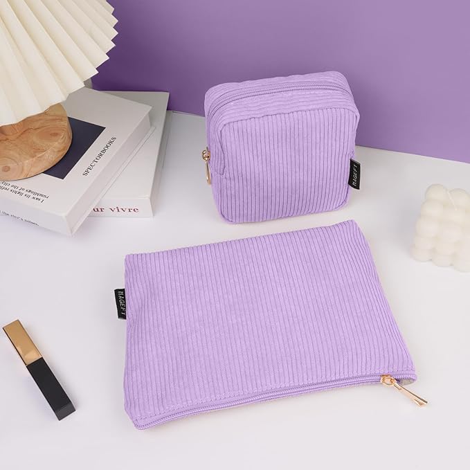 MAGEFY Small Makeup Bag, 2 Pcs Corduroy Makeup Bag for Purse Make Up Organizer Bag Mini Pouch with Slip-in Pockets Aesthetic Preppy Stuff - Purple