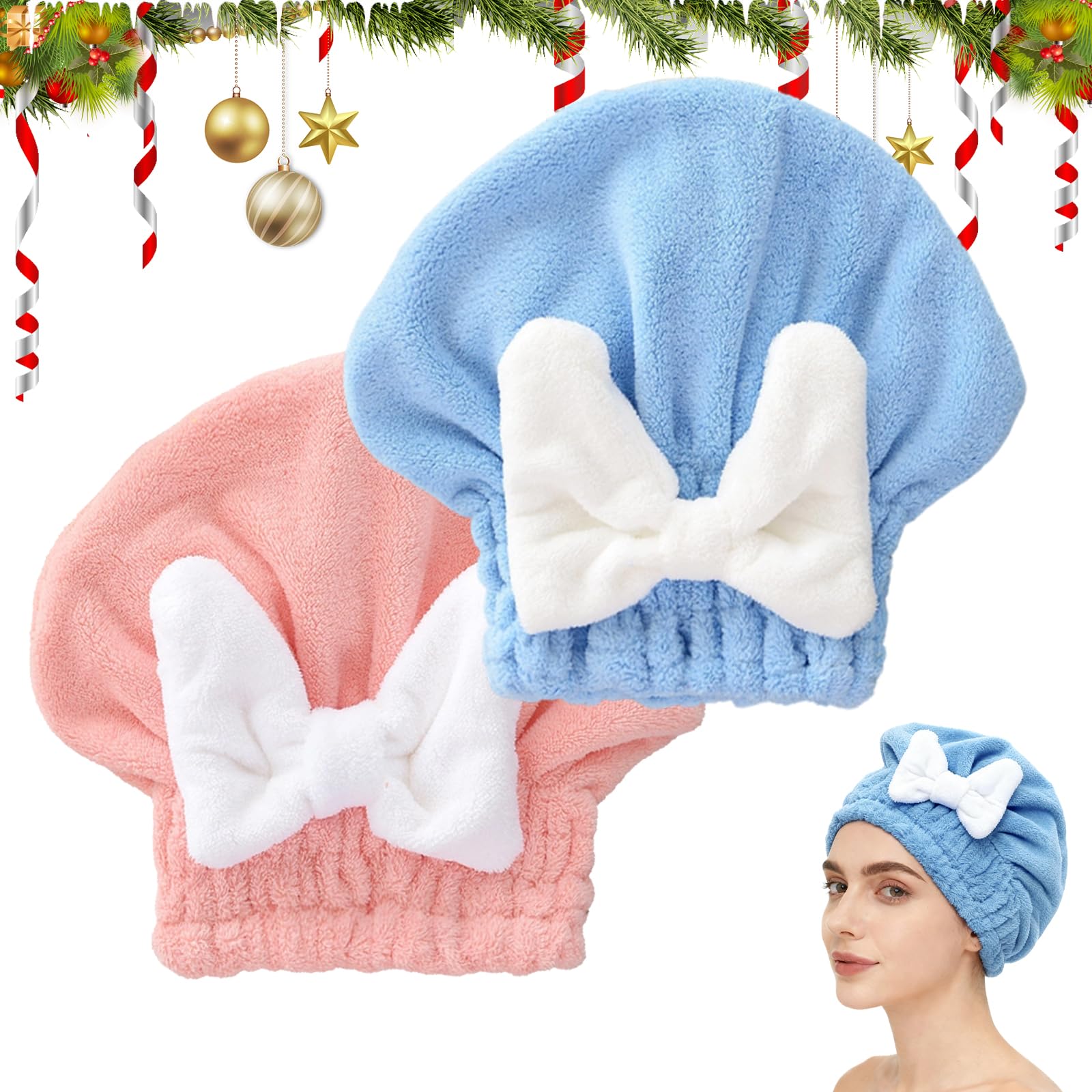 ploreatu Microfiber Hair Drying Caps, Christmas Absorbent Hair Towel Wrap for Women Wet Hair Quick-Drying Hair Towels, Soft Bow Tie Wet Hair Towel Wrap for Party Favors Goody Bag Filler (Pink+Blue)