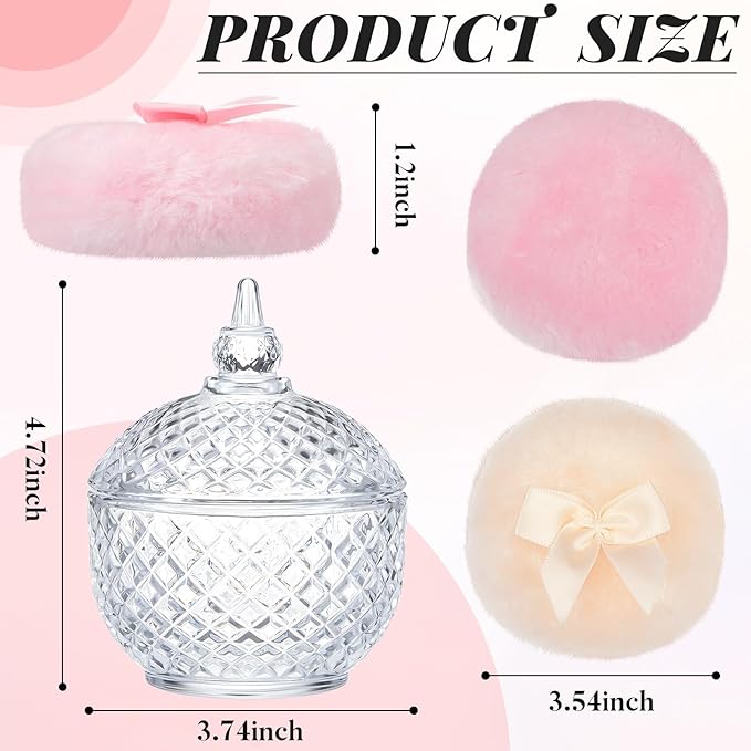 Tioncy 3 Pcs Large Body Powder Puff and Container Birthday Gift for Women, Soft Velour Face Body Glitter Puff with Crystal Glass Case, Wet Dry Makeup, Washable Reusable (multi-faceted Cut, Clear)