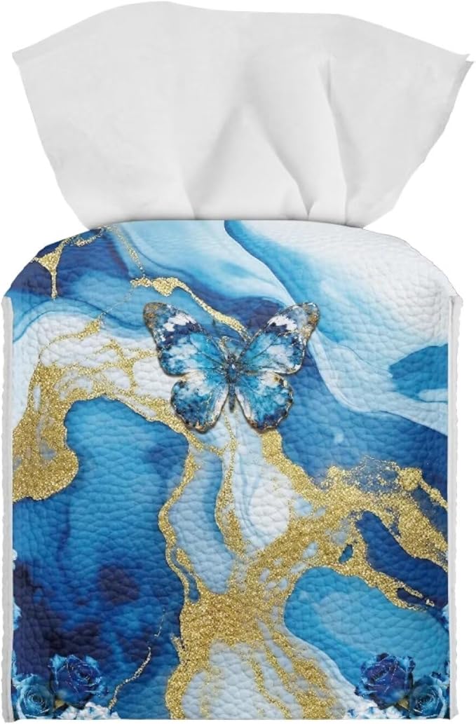 Blue Marble Butterfly Modern Tissue Box Holder, Waterproof Square PU Leather Napkin Case with Metal Button Closure, Decorative Tissue Cover Organizer for Vanity, Desk, Car, and Living Room